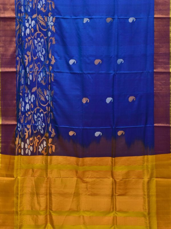 Blue and Yellow Uppada Silk Handloom Saree with One Side Border Design - Global Threads Sale