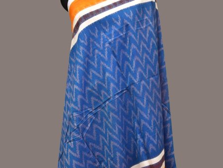 Blue and Yellow Pochamaplly Ikat Cotton Handloom Dupatta with Zig-Zag Design - Global Threads Hot on Sale