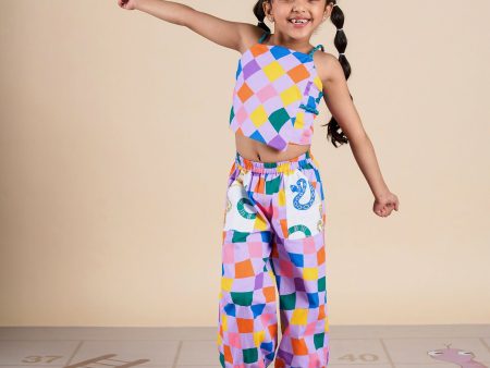 Snakes and Ladders Girls Multi Color Rotary Print Top and Pant Set from Siblings Collection For Sale