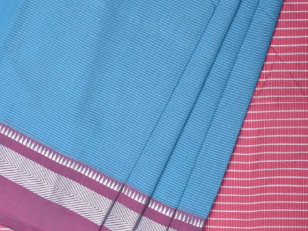 Blue and Pink Bamboo Cotton Saree with Strips Design No Blouse - Global Threads For Discount