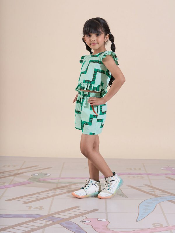 Snakes and Ladders Girls Green Table Print Top and Shorts Sets from Siblings Collection Discount