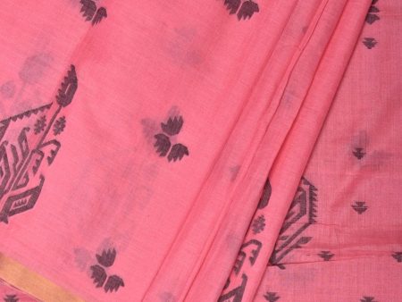 Baby Pink Khadi Cotton Handloom Saree with Buta and One Side Border Design - Global Threads Online Sale