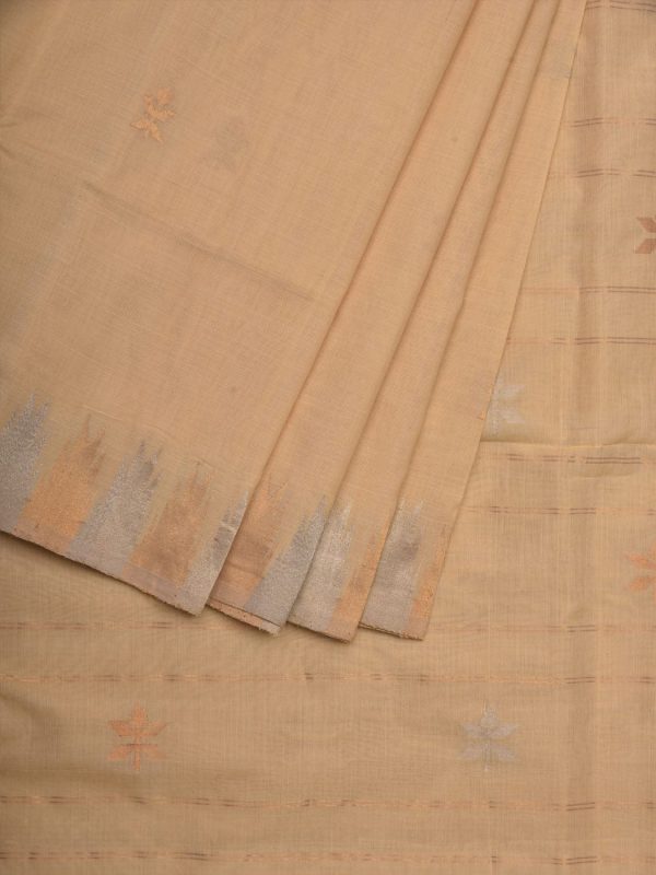 Beige Khadi Cotton Handloom Saree with Temple Border Design - Global Threads on Sale