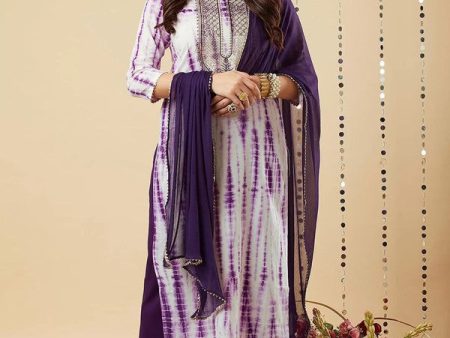 Malishka Women s Purple Viscose Cotton Leheriya Printed & Embroidery Kurta Pant Set With Dupatta Fashion