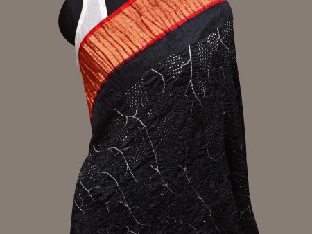 Black and Red Bandhani Kanchipuram Silk Handloom Dupatta with Leaves Design - Global Threads Online