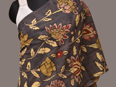 Black Kalamkari Hand Painted Sico Stole with Floral Design - Global Threads For Sale