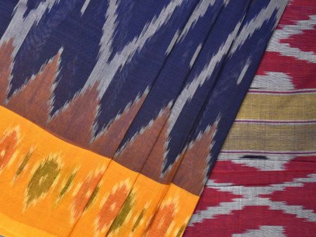 Blue and Yellow Pochampally Ikat Cotton Handloom Saree with Grill Design No Blouse - Global Threads Supply