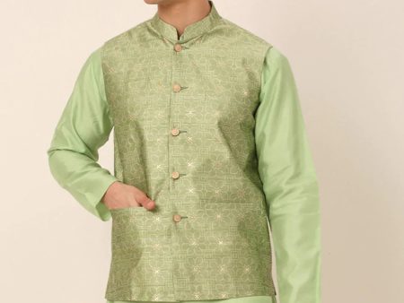 Jompers Men s Beige & Golden Woven Design Nehru Jackets-JOWC_4045Pista Cheap