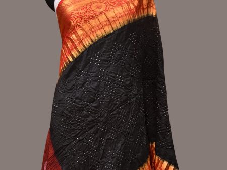 Black and Red Bandhani Kanchipuram Silk Handloom Dupatta with Kalamkari Design - Global Threads Online now