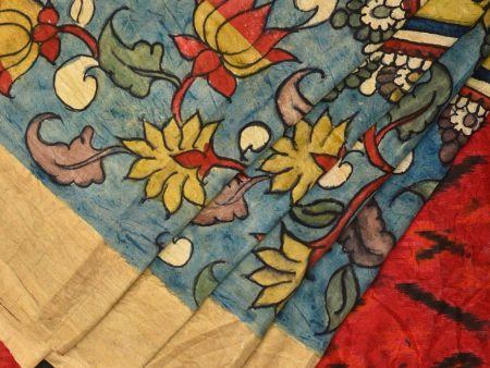 Blue and Red Kalamkari Hand Painted Ikat Silk Handloom Saree with Lotus and Krishna Design - Global Threads Discount