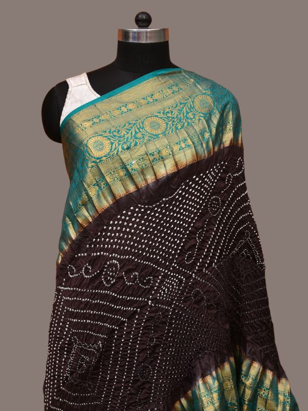 Black Bandhani Kanchipuram Silk Handloom Dupatta with Border Design - Global Threads Fashion