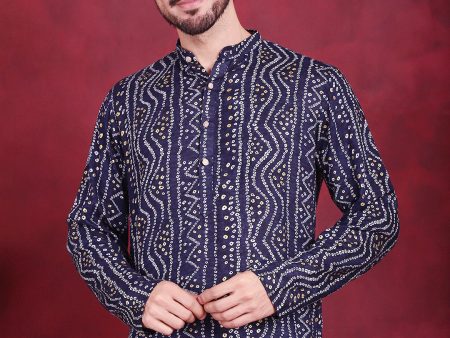 Jompers Men s Bandhani Printed Kurta - Navy Blue For Discount