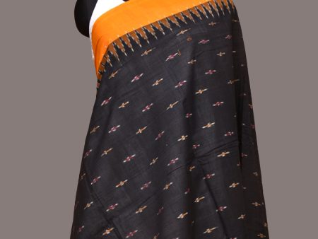 Black and Orange Pochampally Ikat Cotton Handloom Dupatta with Temple Border Design - Global Threads Fashion