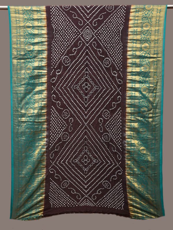 Black Bandhani Kanchipuram Silk Handloom Dupatta with Border Design - Global Threads Fashion