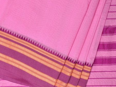 Baby Pink and Pink Bamboo Cotton Plain Saree with Strips Pallu Design No Blouse - Global Threads For Sale