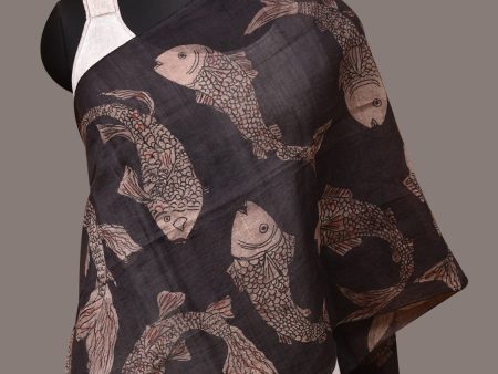 Black Kalamkari Hand Painted Tussar Cotton Handloom Stole with Fishes Design - Global Threads Hot on Sale