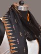 Black and Orange Pochampally Ikat Cotton Handloom Dupatta with Temple Border Design - Global Threads Fashion