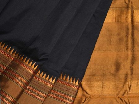 Black and Mustard Narayanpet Silk Handloom Plain Saree with Traditional Border Design No Blouse - Global Threads Sale