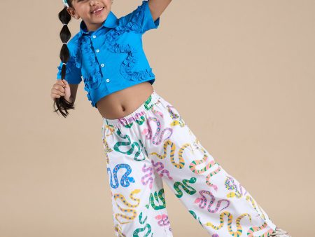 Snakes and Ladders Girls Blue Shirt and Multi Color Snake Print Pant Set from Siblings Collection For Sale