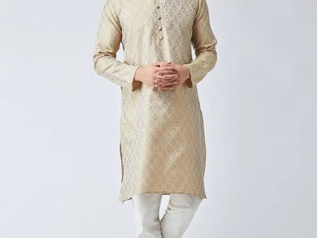 Jompers Men s Beige & Off-White Self Design Kurta with Churidar For Sale