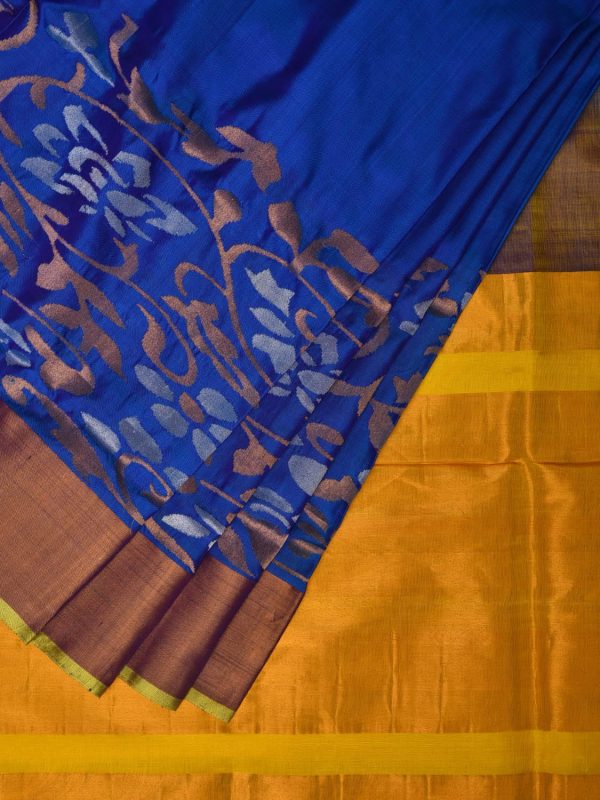 Blue and Yellow Uppada Silk Handloom Saree with One Side Border Design - Global Threads Sale