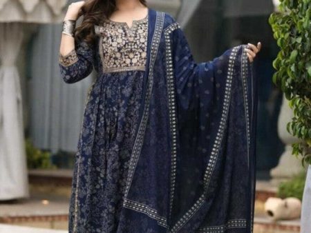 Malishka Women s Blue Viscose Cotton Floral Printed & Embroidery Kurta Pant Set With Dupatta Online now