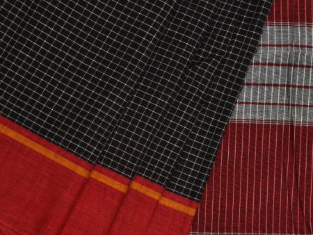 Black ilkal Cotton Handloom Saree with Checks and Ganga-Jamuna Border Design No Blouse - Global Threads Online now