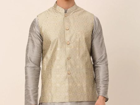 Jompers Men s Beige & Golden Woven Design Nehru Jackets-JOWC_4045Beige Online Hot Sale