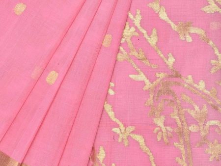 Baby Pink Khadi Cotton Handloom Saree with Pallu Design - Global Threads For Sale