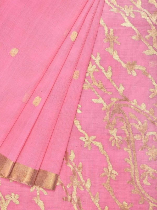 Baby Pink Khadi Cotton Handloom Saree with Pallu Design - Global Threads For Sale