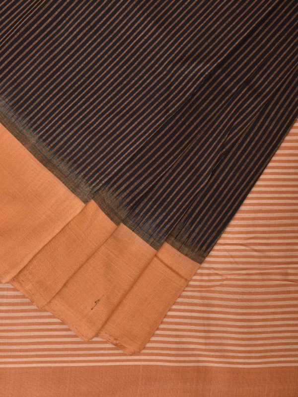 Black and Mustard Pochampally Ikat Handloom Saree with Strips Design - Global Threads Online now